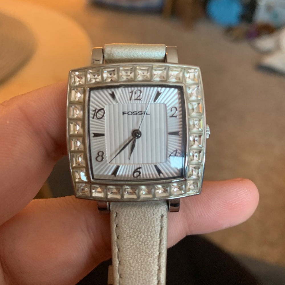 Fossil F2 ES-1433 Silver Leather Bold Square Watch